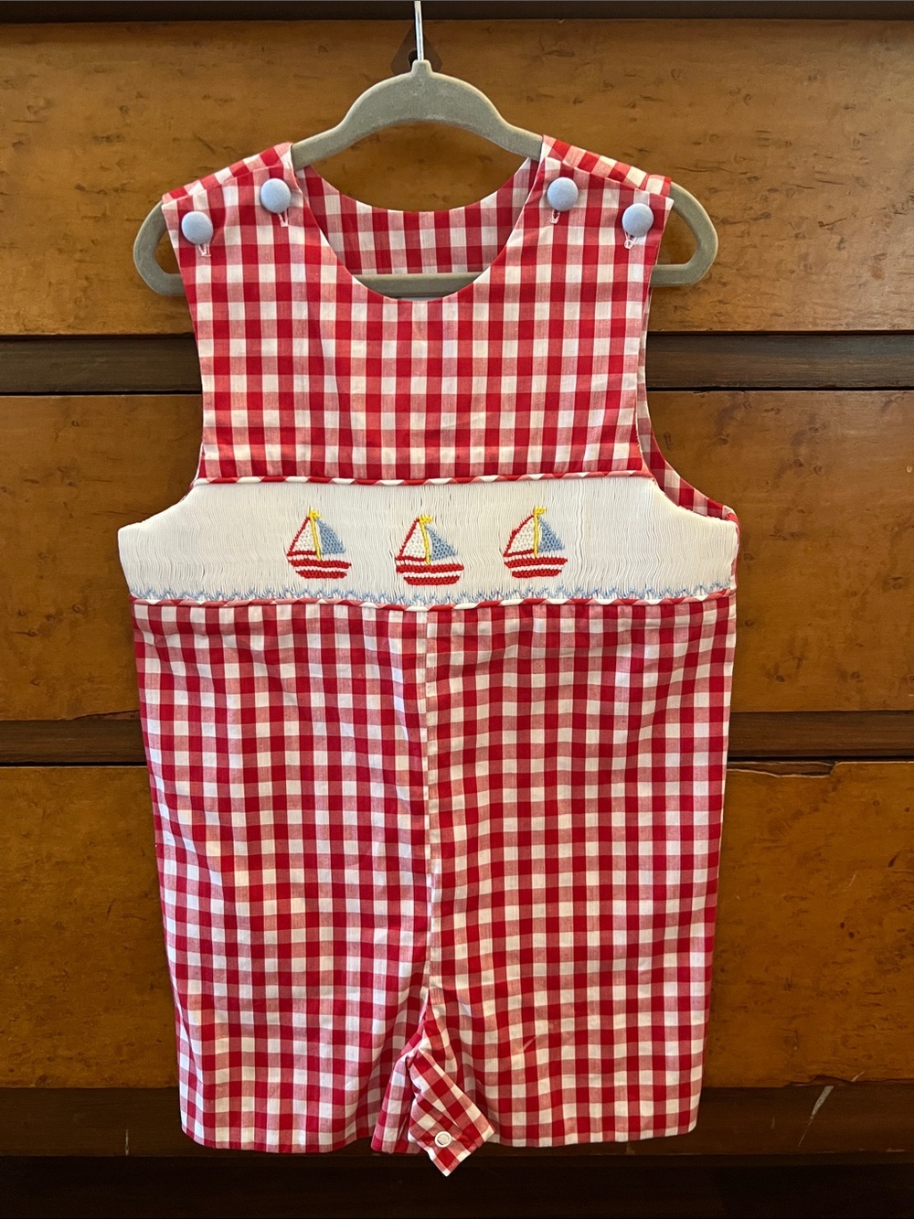 Classic Red Gingham Smocked Sailboat Boys Romper